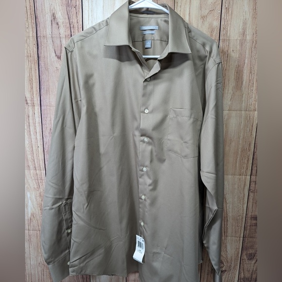 Van Heusen Shirt Regular Fit Lux Sateen Beige Solid Button-down Men's 16  34/35 - Picture 3 of 6